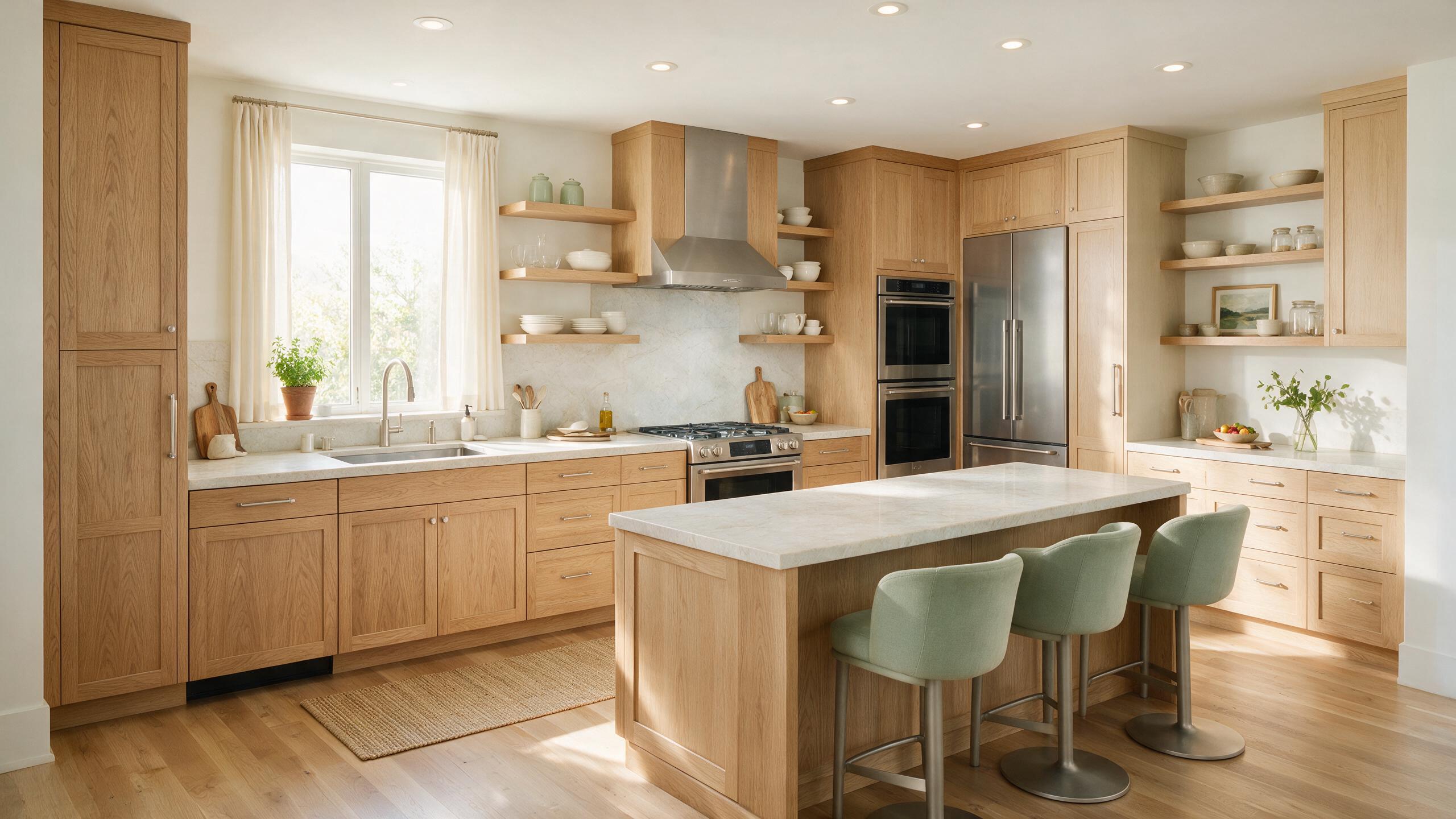 Light kitchen with an island and wood flooring