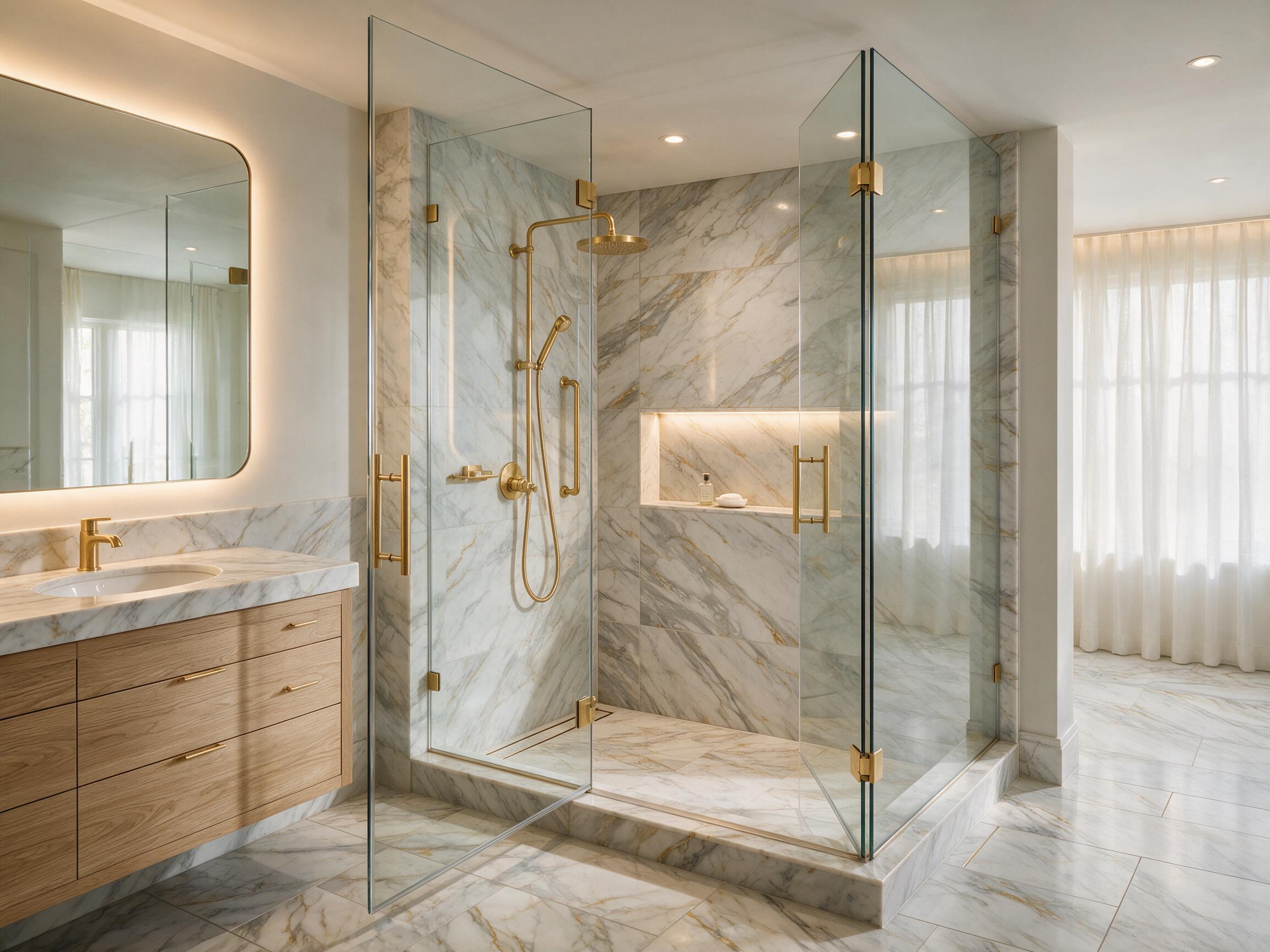 Bathroom with a marble-finish shower